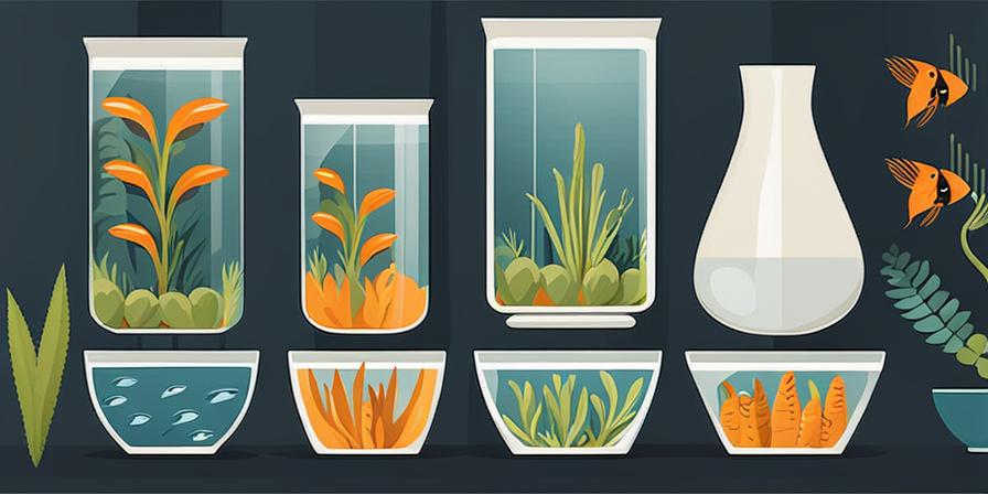 Vaso de agua turbia con peces y plantas muertas